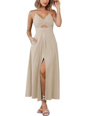 Women's Apricot Summer Spaghetti Strap Midi Dress Sleeveless V Neck Maxi Dresses